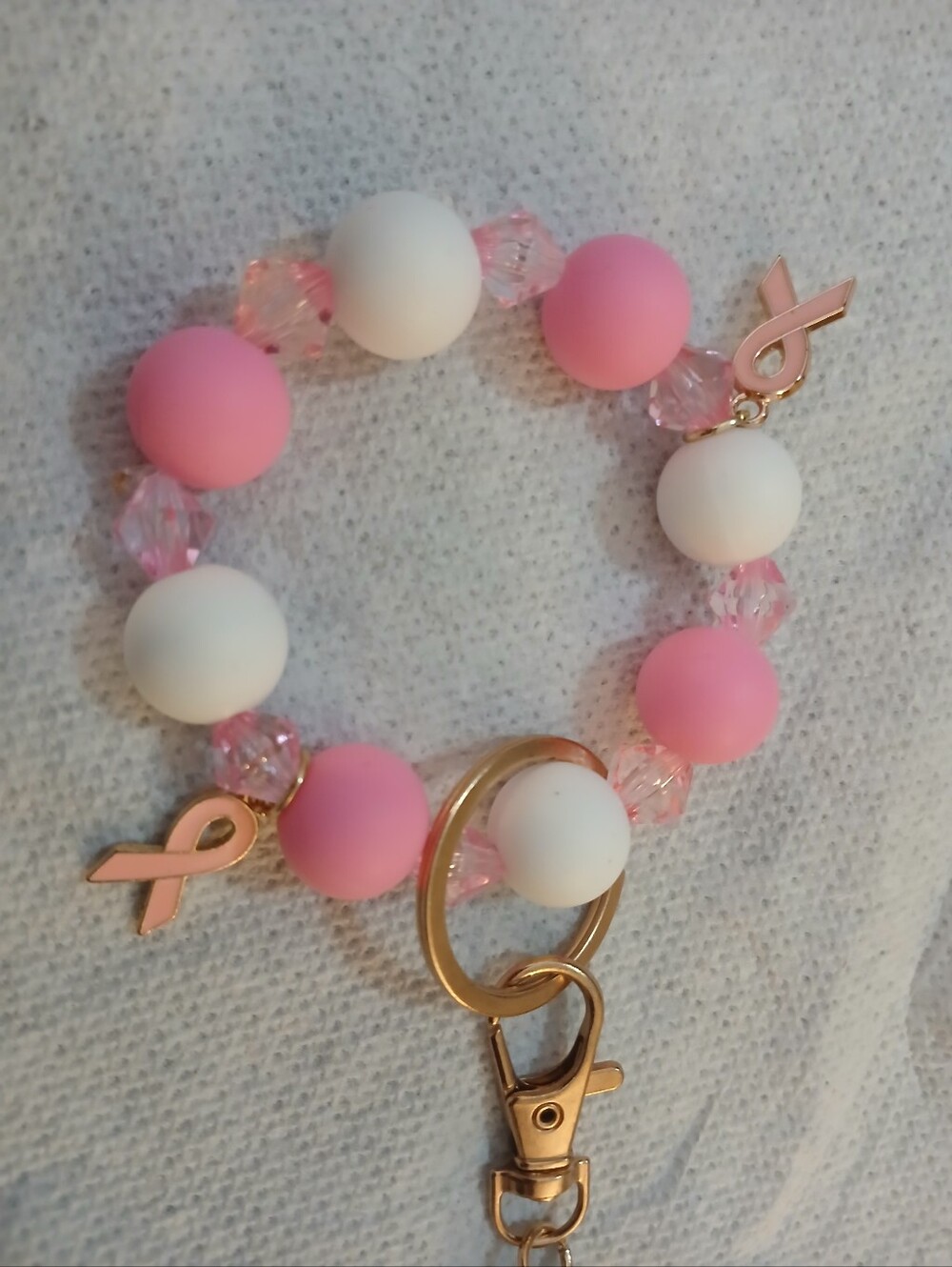 NWT Handcrafted Pink/White Awareness Beaded Keychain / Purse/ Backpack Bracelet.